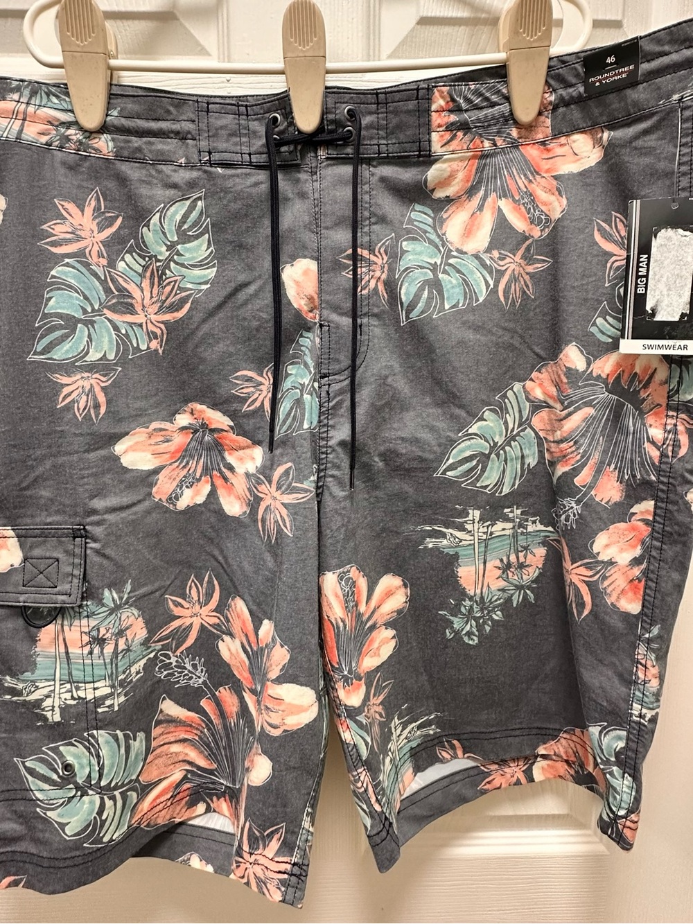 Floral Tropical Swim Trunks - Slate Gray with Peach & Teal Print